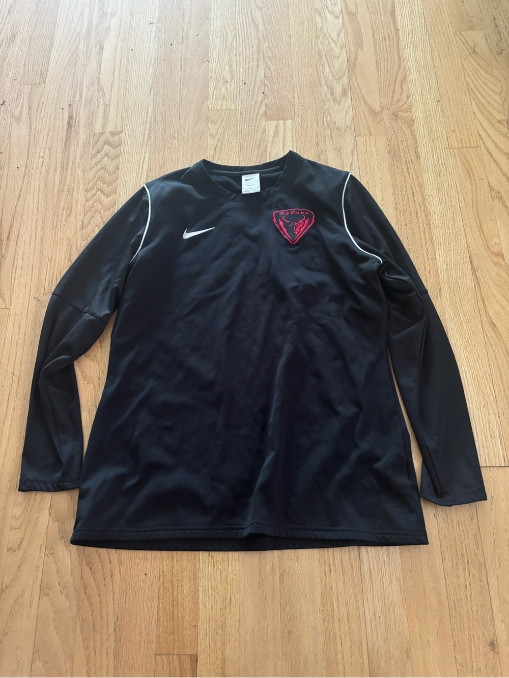 Nike Black Long-Sleeve Dri-Fit Top with White Swoosh and Red Detail